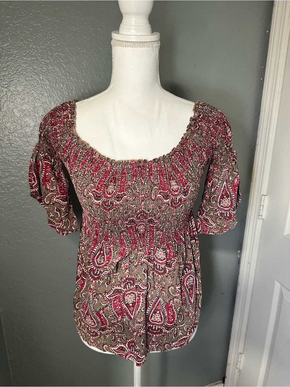 Hollister Smocked Paisley Square-Neck Top in Red and Brown